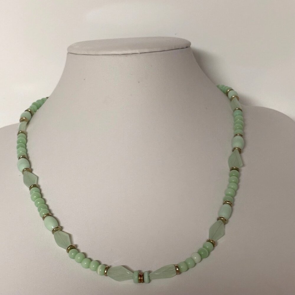 Vintage Green Beaded Necklace Gold Tone Spacers 23 inch Retro Jewelry Gift